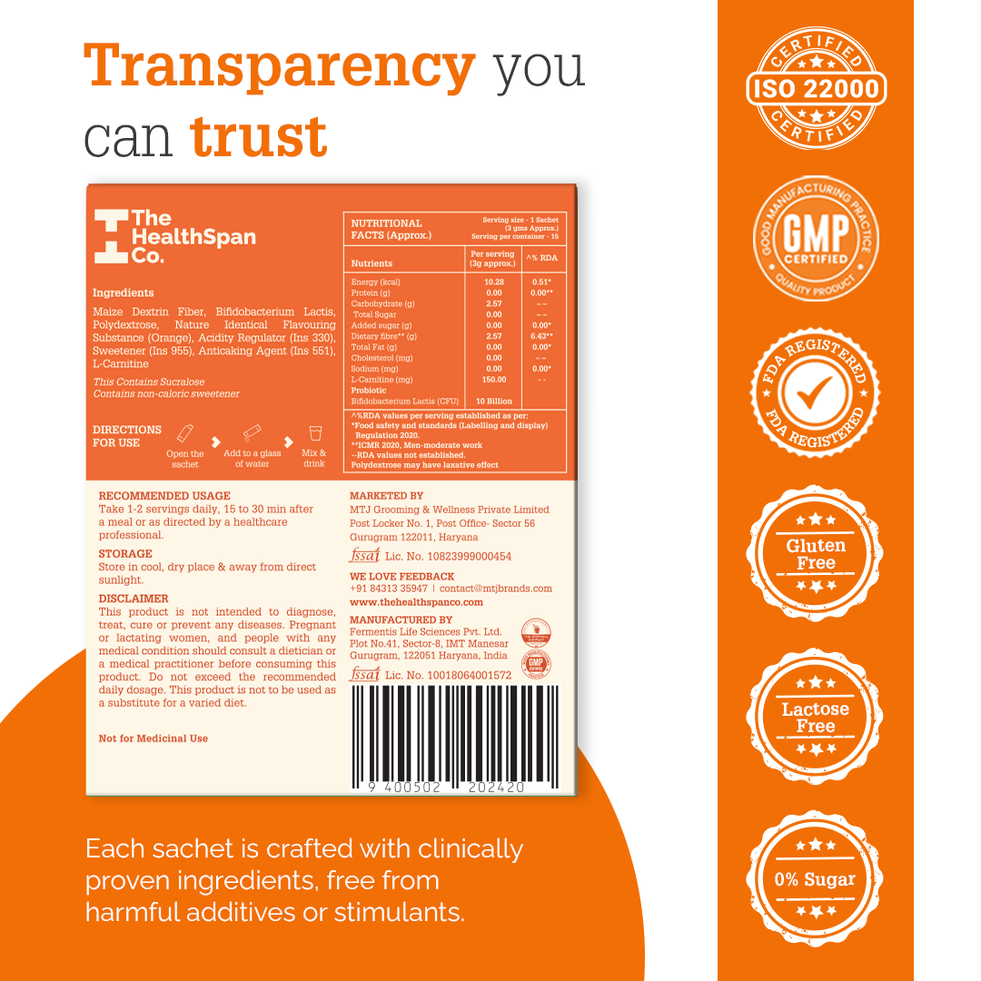 Metabolism Support Probiotic Drink - Orange Flavor (10 Billion CFU + Fiber)